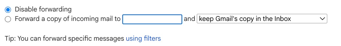 Выбрано Disable forwarding - общая пересылка отключена